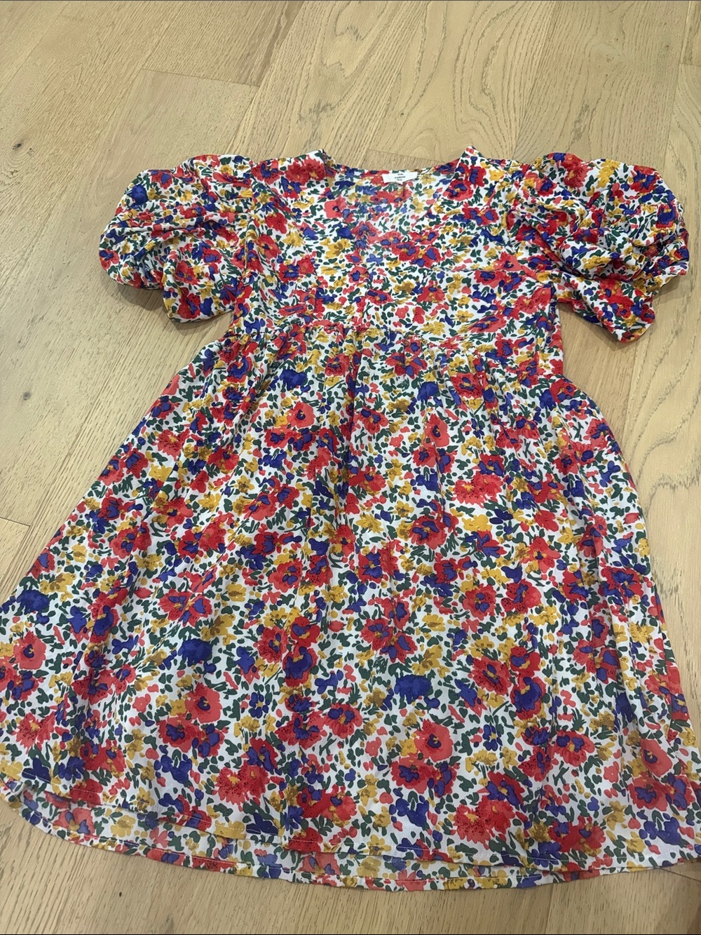 entro Bright Floral Puff-Sleeve Dress - Red, Blue, Mustard